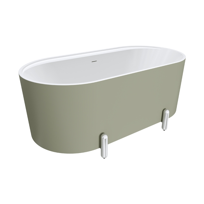 fienza Aluca Freestanding Bath 1500mm Matte Olive with Chrome Legs with overflow