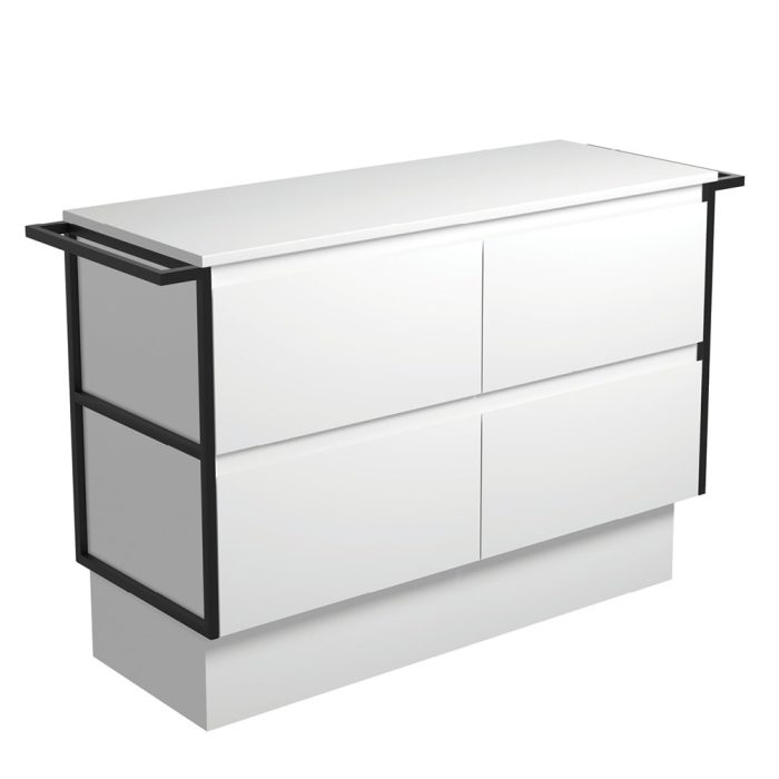 fienza Amato Satin White 1200 Cabinet on Kickboard Matte Black Towel Rails