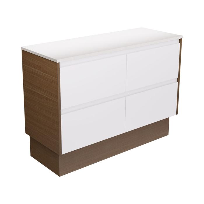 fienza Amato Satin White 1200 Cabinet on Kickboard Walnut Panels