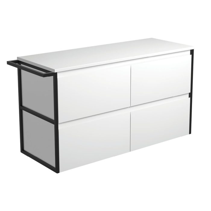 fienza Amato Satin White 1200 Wall-Hung Cabinet 1 Frame & 1 Towel Rail
