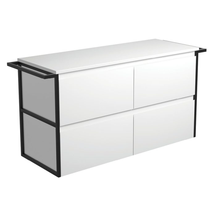 fienza Amato Satin White 1200 Wall-Hung Cabinet Matte Black Towel Rails