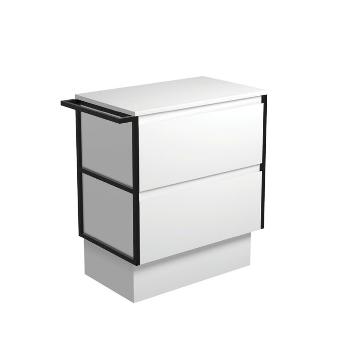 fienza Amato Satin White 750 Cabinet on Kickboard 1 Frame & 1 Towel Rail