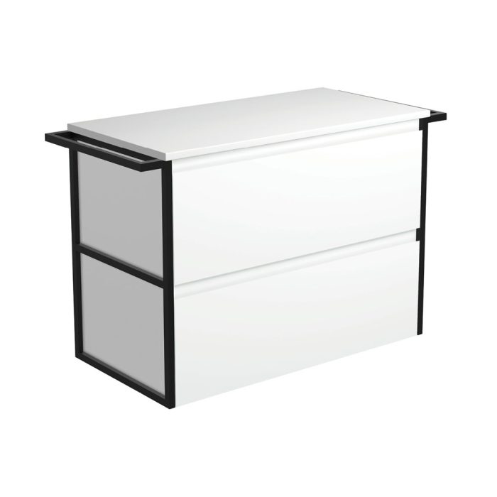 fienza Amato Satin White 900 Wall-Hung Cabinet Matte Black Towel Rails