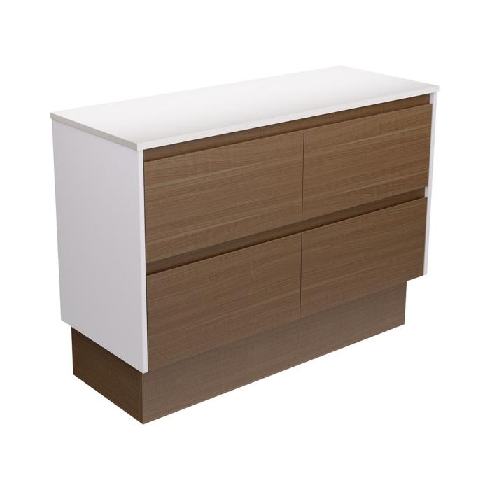 fienza Amato Walnut 1200 Cabinet on Kickboard Satin White Panels