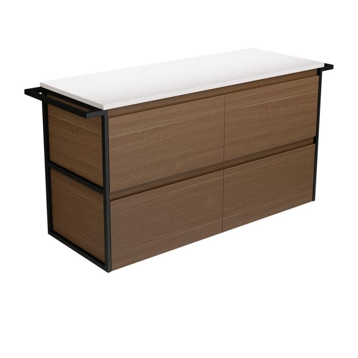 Fienza Amato Walnut 1200 Wall-Hung Cabinet Matte Black Towel Rails