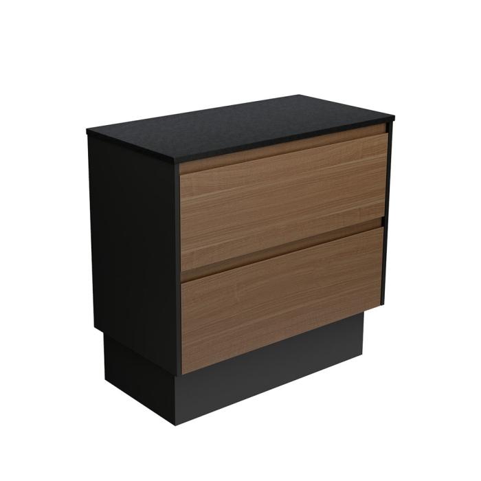 Fienza Amato Walnut 900 Cabinet On Kickboard Satin Black Panels