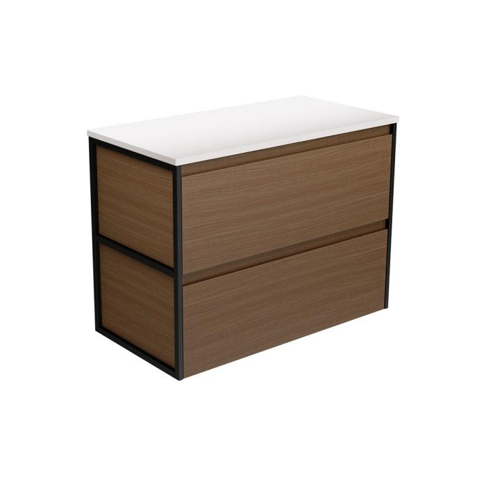 Fienza Amato Walnut 900 Wall Hung Cabinet Matte Black Frames