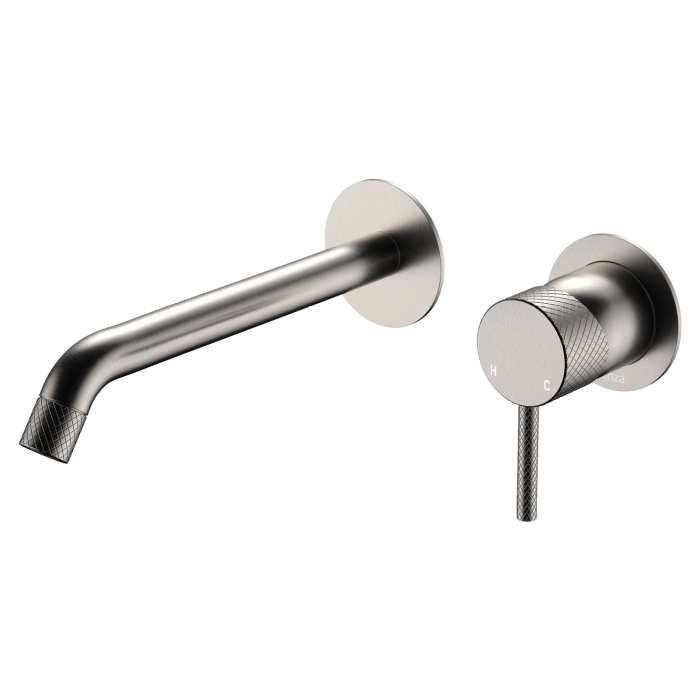fienza Axle Wall Basin/Bath Mixer Set Round Plates 200mm Outlet Brushed Nickel