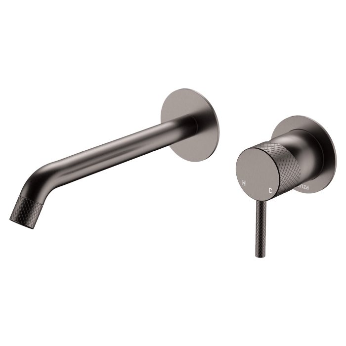 fienza Axle Wall Basin/Bath Mixer Set Round Plates 200mm Outlet Gun Metal fienza Axle Wall Basin/Bath Mixer Set Round Plates 200mm Outlet Gun Metal