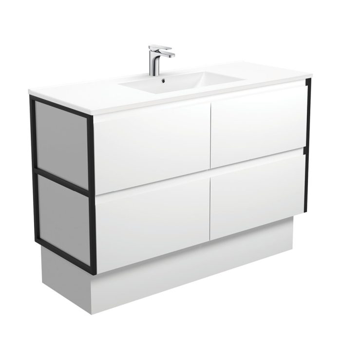 Fienza Dolce Amato 1200 Satin White Vanity On Kick Matte Black Frames