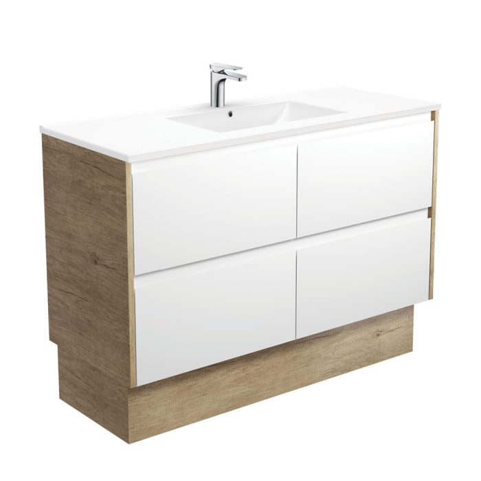 Fienza Dolce Amato 1200 Satin White Vanity On Kick Scandi Oak Panels