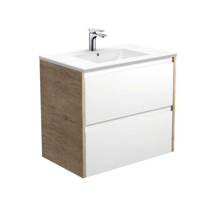 fienza Dolce Amato 750 Satin White Wall-Hung Vanity Scandi Oak Panels