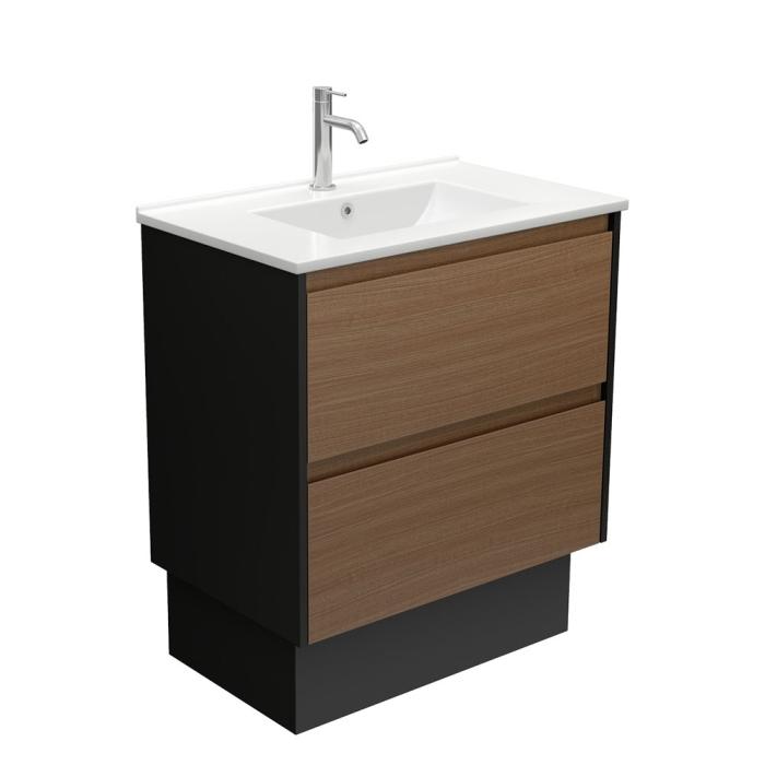 Fienza Dolce Amato 750 Walnut Vanity On Kick Satin Black Panels