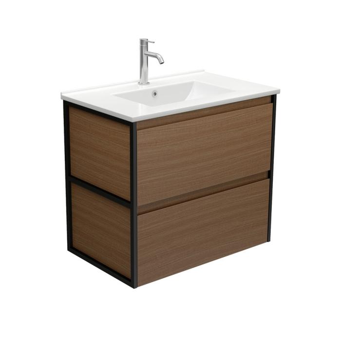 Fienza Dolce Amato 750 Walnut Wall-Hung Vanity Matte Black Frames