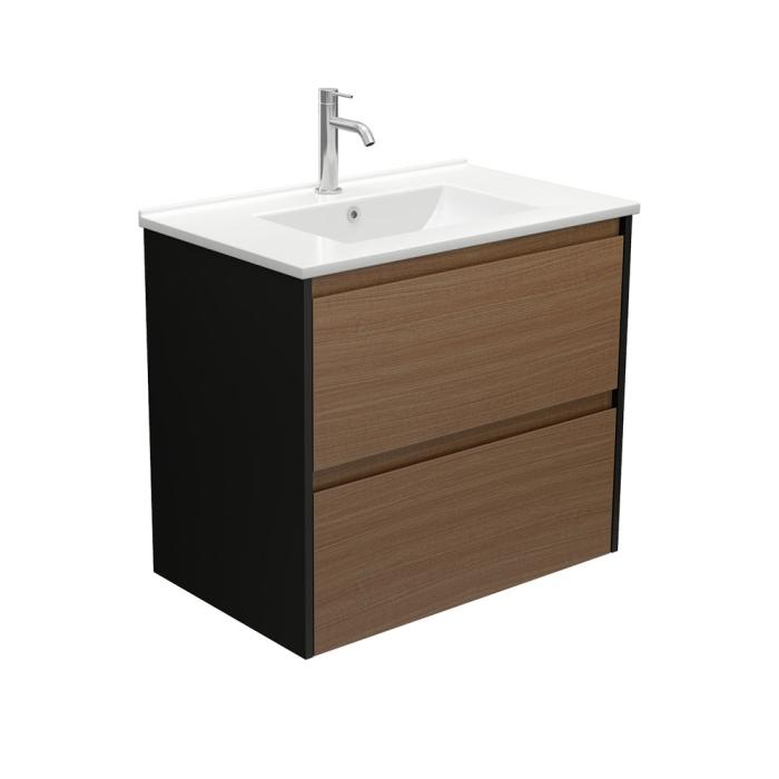Fienza Dolce Amato 750 Walnut Wall-Hung Vanity Satin Black Panels