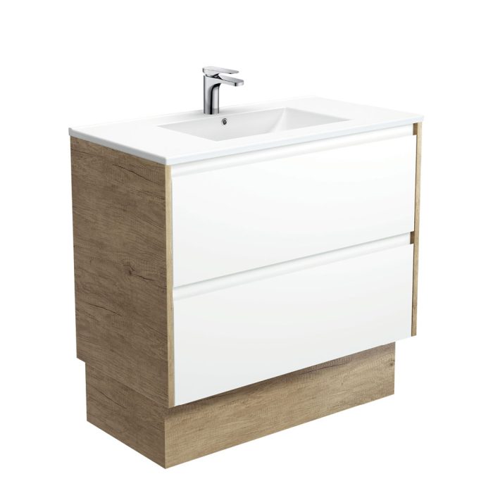 fienza Dolce Amato 900 Satin White Vanity On Kick Scandi Oak Panels