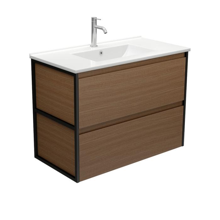 Fienza Dolce Amato 900 Walnut Wall-Hung Vanity Matte Black Frames