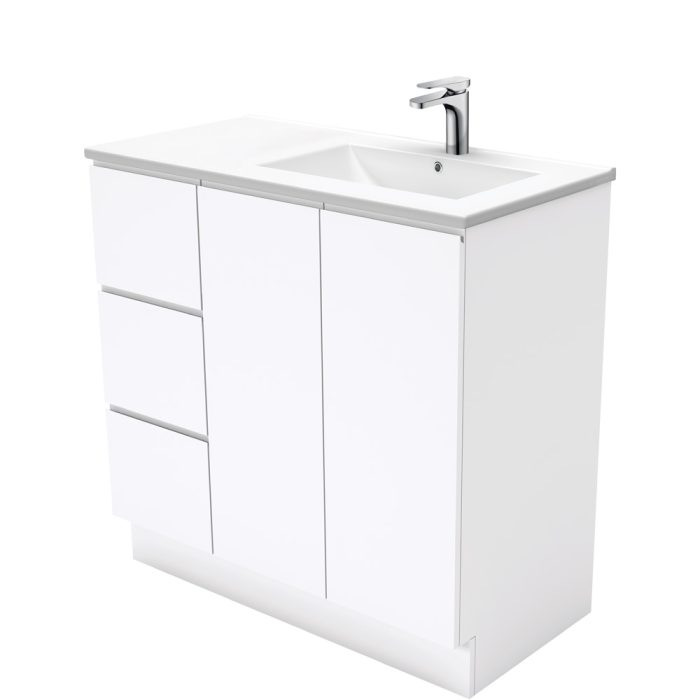 fienza Dolce Fingerpull Gloss White 900 Offset Vanity on Kickboard Right Basin