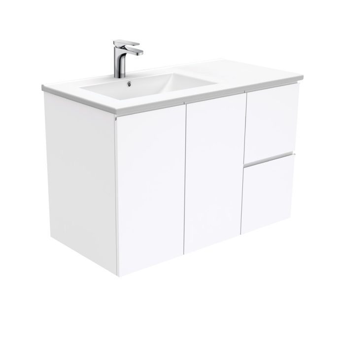 Fienza Dolce Fingerpull Gloss White 900 Offset Wall-Hung Vanity Left Basin