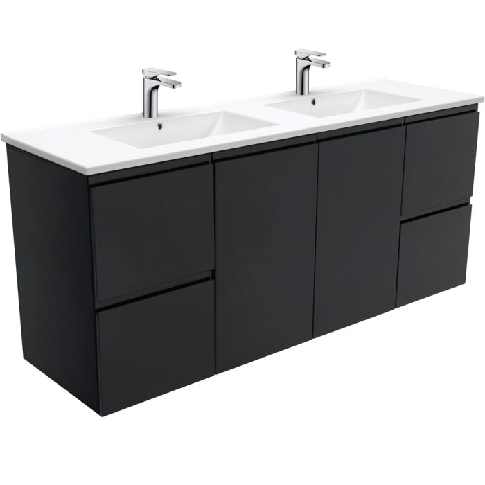 Fienza Dolce Fingerpull Satin Black 1500 Double Bowl Wall-Hung Vanity