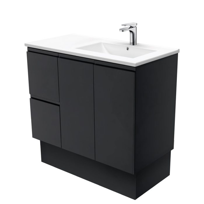 fienza Dolce Fingerpull Satin Black 900 Offset Vanity on Kickboard Right Basin