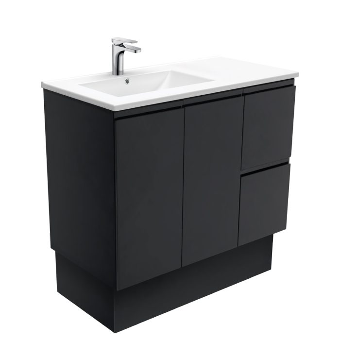 fienza Dolce Fingerpull Satin Black 900 Offset Vanity on Kickboard Left Basin