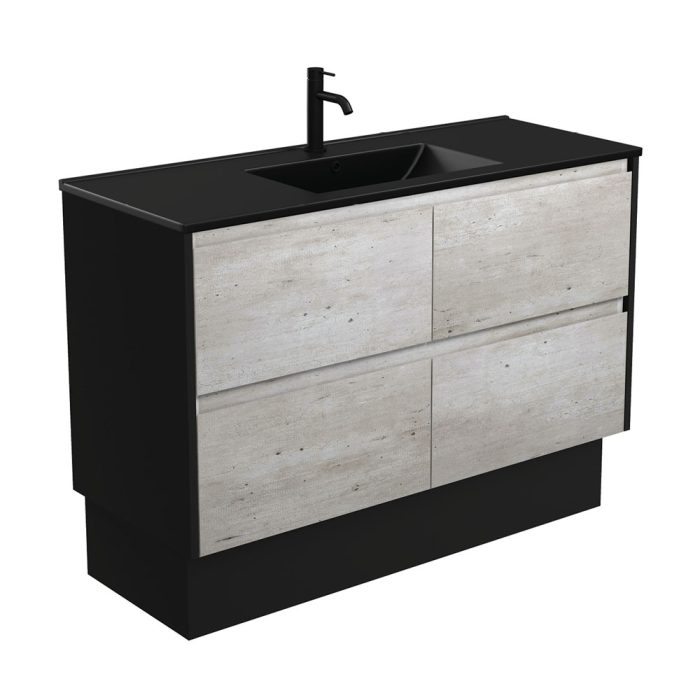 Fienza Dolce Matte Black Amato 1200 Industrial Vanity On Kick Satin Black Panels