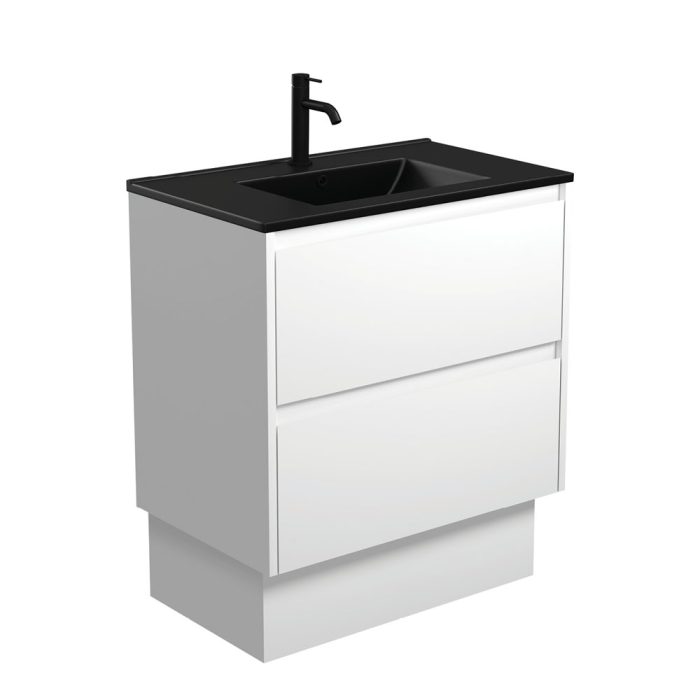 Fienza Dolce Matte Black Amato 750 Satin White Vanity On Kick