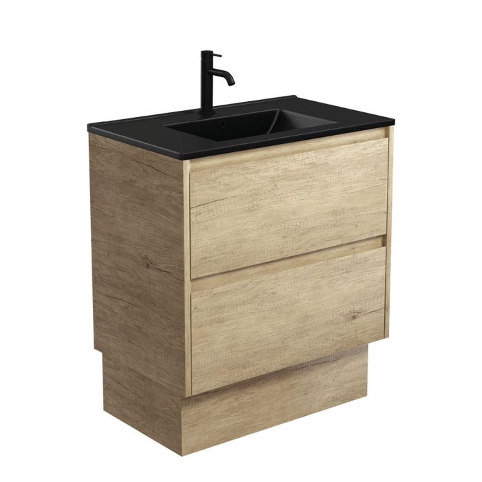 Fienza Dolce Matte Black Amato 750 Scandi Oak Vanity On Kick