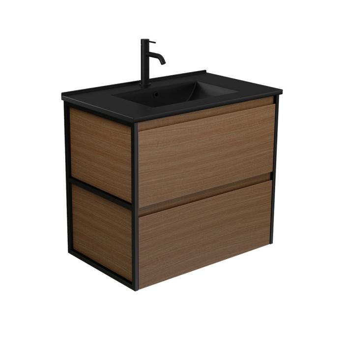 Fienza Dolce Matte Black Amato 750 Walnut Wall Hung Vanity Matte Black Frames