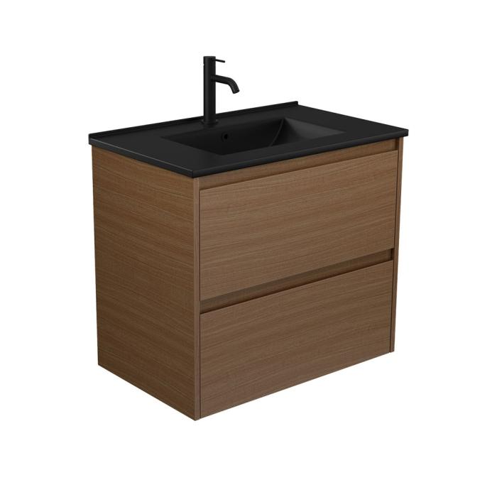 Fienza Dolce Matte Black Amato 750 Walnut Wall-Hung Vanity
