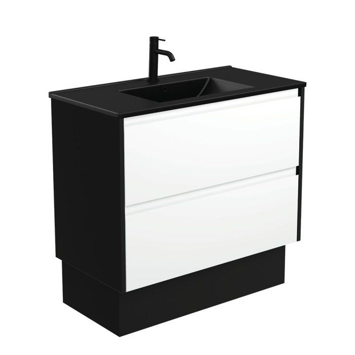 fienza Dolce Matte Black Amato 900 Satin White Vanity On Kick Satin Black Panels