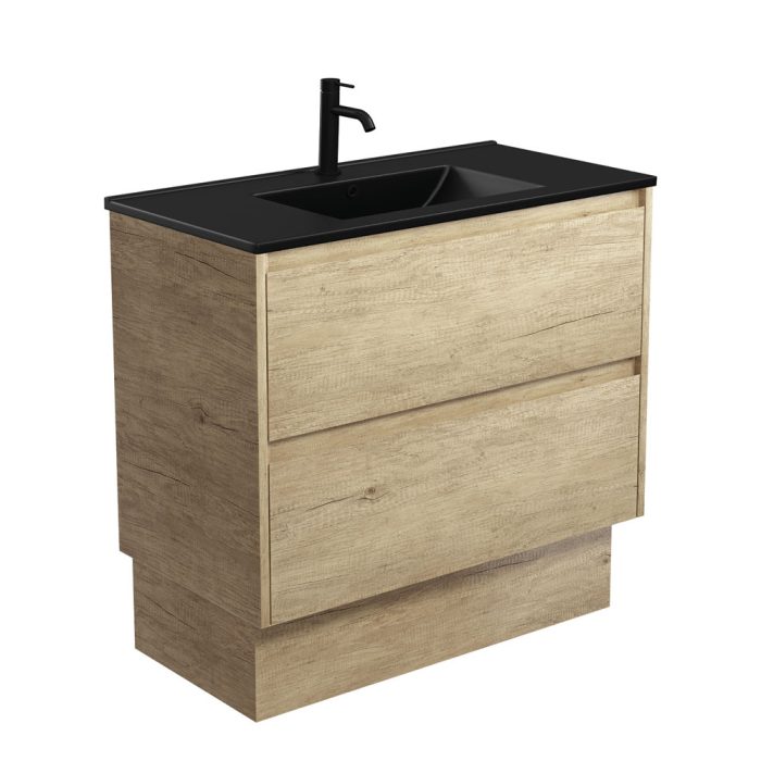 Fienza Dolce Matte Black Amato 900 Scandi Oak Vanity On Kick