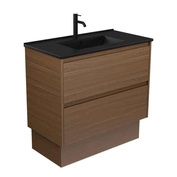 Fienza Dolce Matte Black Amato 900 Walnut Vanity On Kick