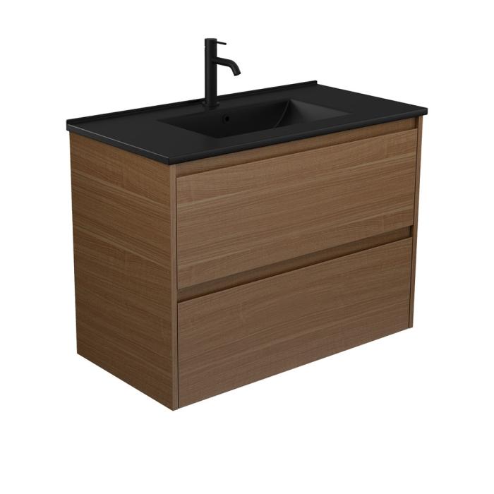fienza Dolce Matte Black Amato 900 Walnut Wall-Hung Vanity