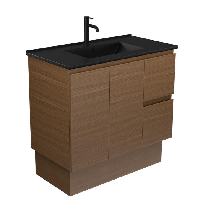 Fienza Dolce Matte Black Edge Walnut 900 Vanity On Kickboard