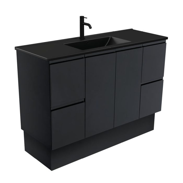 Fienza Dolce Matte Black Fingerpull Satin Black 1200 Vanity On Kickboard