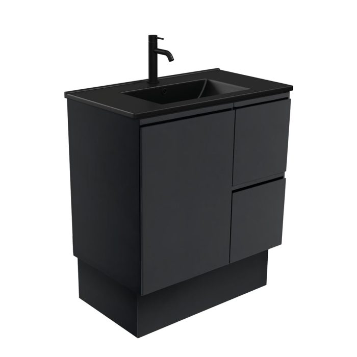 Fienza Dolce Matte Black Fingerpull Satin Black 750 Vanity On Kickboard