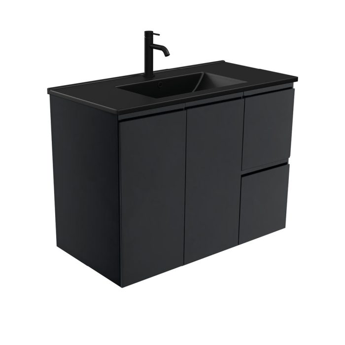 Fienza Dolce Matte Black Fingerpull Satin Black 900 Wall-Hung Vanity