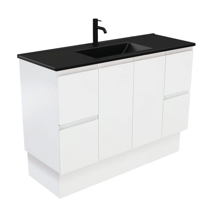 Fienza Dolce Matte Black Fingerpull Satin White 1200 Vanity On Kickboard