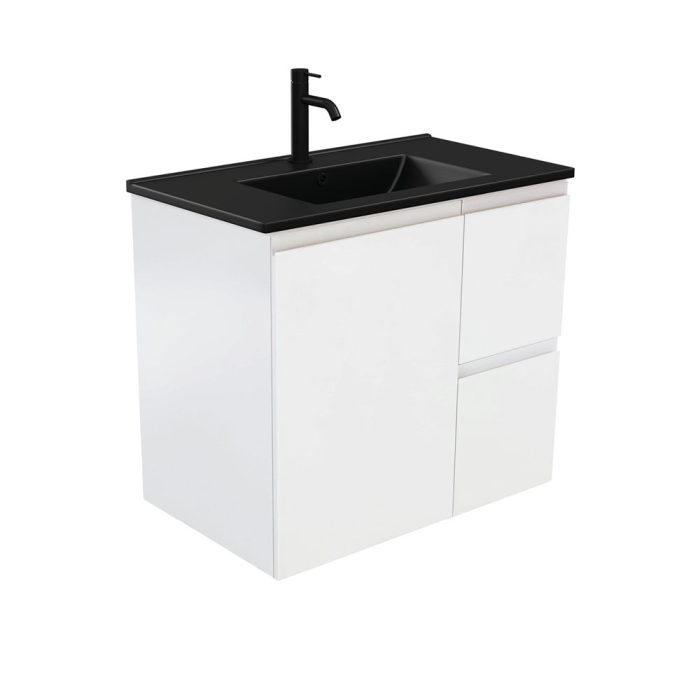 Fienza Dolce Matte Black Fingerpull Satin White 750 Wall-Hung Vanity