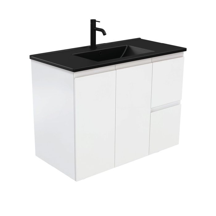 Fienza Dolce Matte Black Fingerpull Satin White 900 Wall-Hung Vanity
