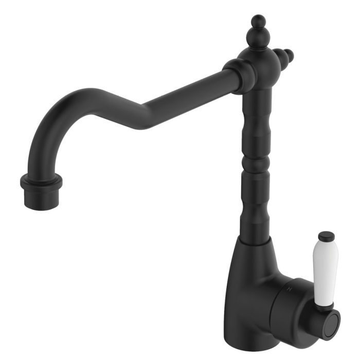 fienza Eleanor Shepherds Crook Sink Mixer Matte Black / Ceramic