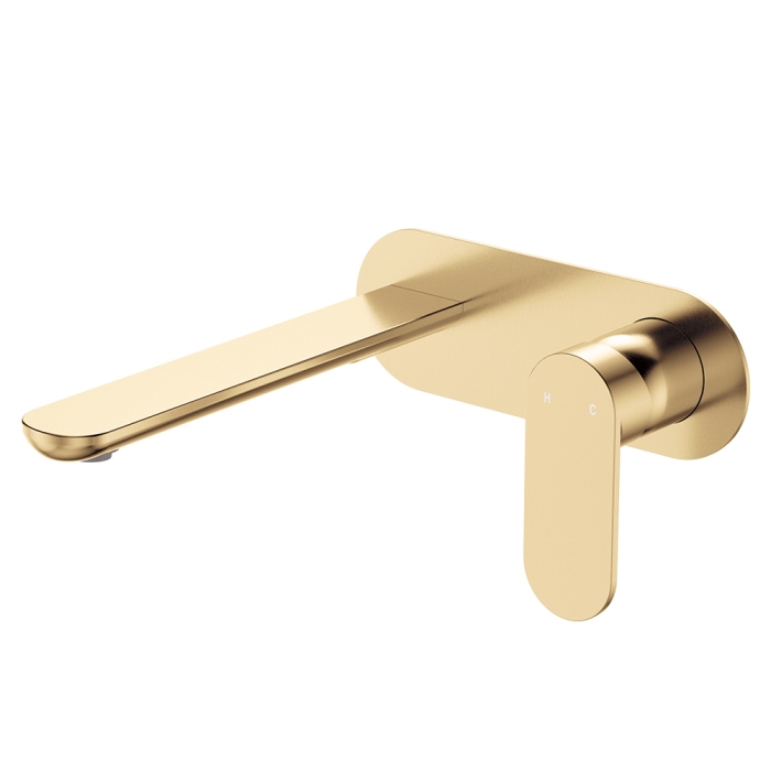 fienza Empire Slim Basin/Bath Wall Mixer Set Oval Plate 200mm Outlet Urban Brass