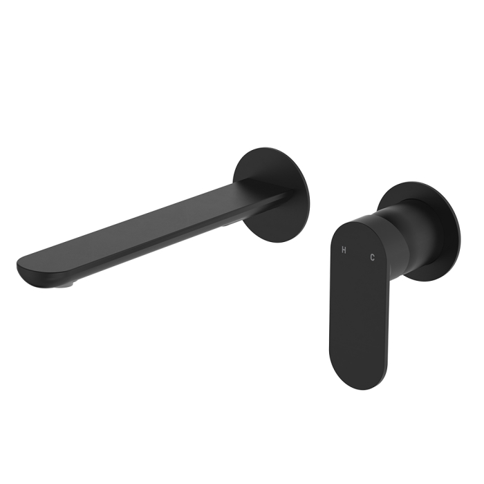 fienza Empire Slim Basin/Bath Wall Mixer Set Round Plates 200mm Outlet Matte Black