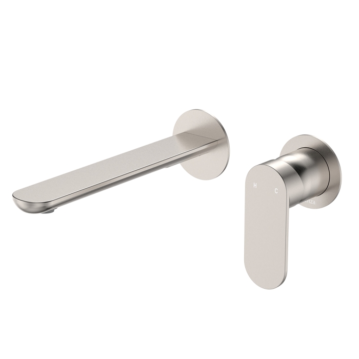fienza Empire Slim Basin/Bath Wall Mixer Set Round Plates 200mm Outlet Brushed Nickel