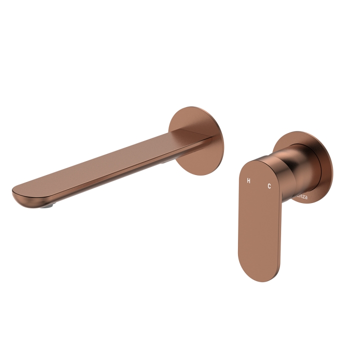 fienza Empire Slim Basin/Bath Wall Mixer Set Round Plates 200mm Outlet Brushed Copper