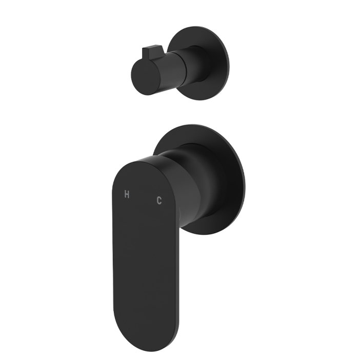 fienza Empire Slim Wall Diverter Mixer Small Round Plates Vertical Matte Black