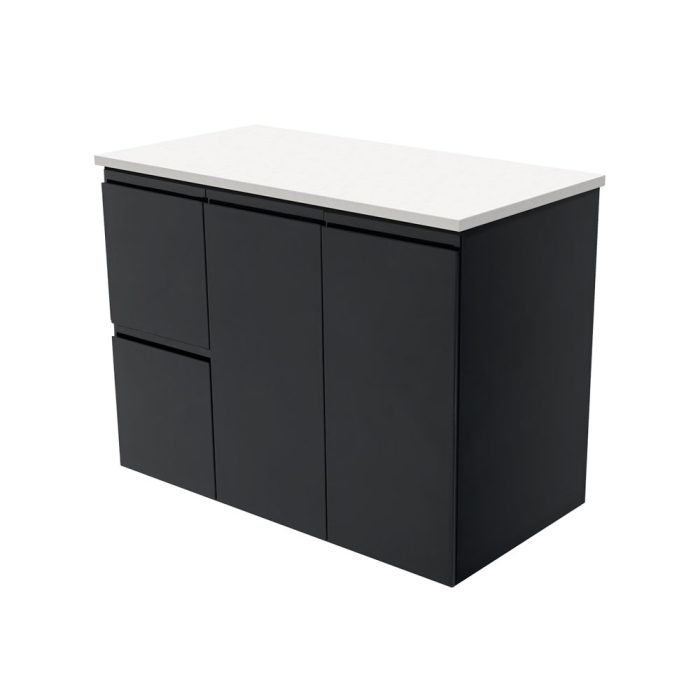 fienza Fingerpull Satin Black 900 Wall-Hung Cabinet Left Hand Drawers