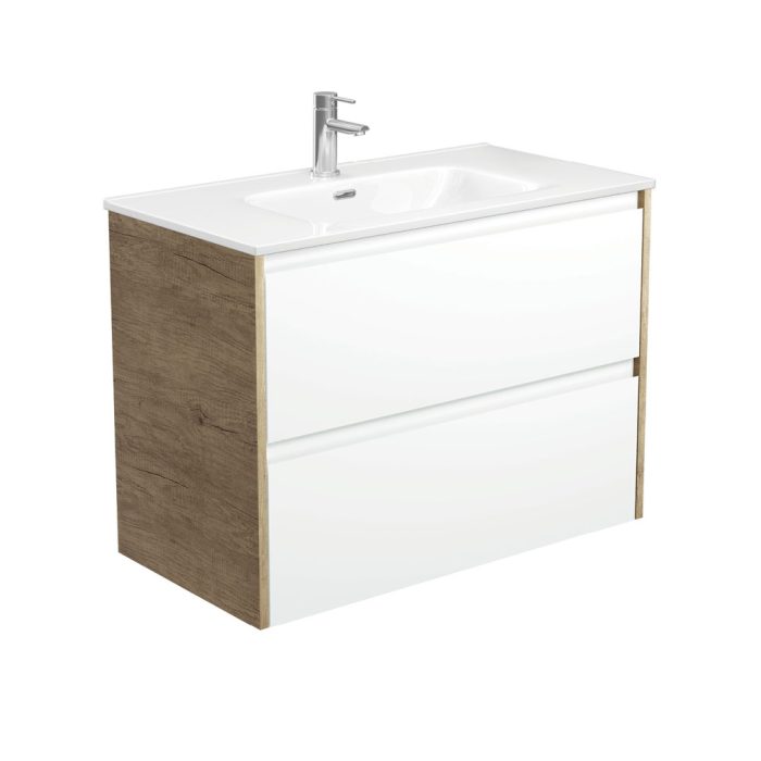 fienza Joli Amato 900 Satin White Wall-Hung Vanity Scandi Oak Panels